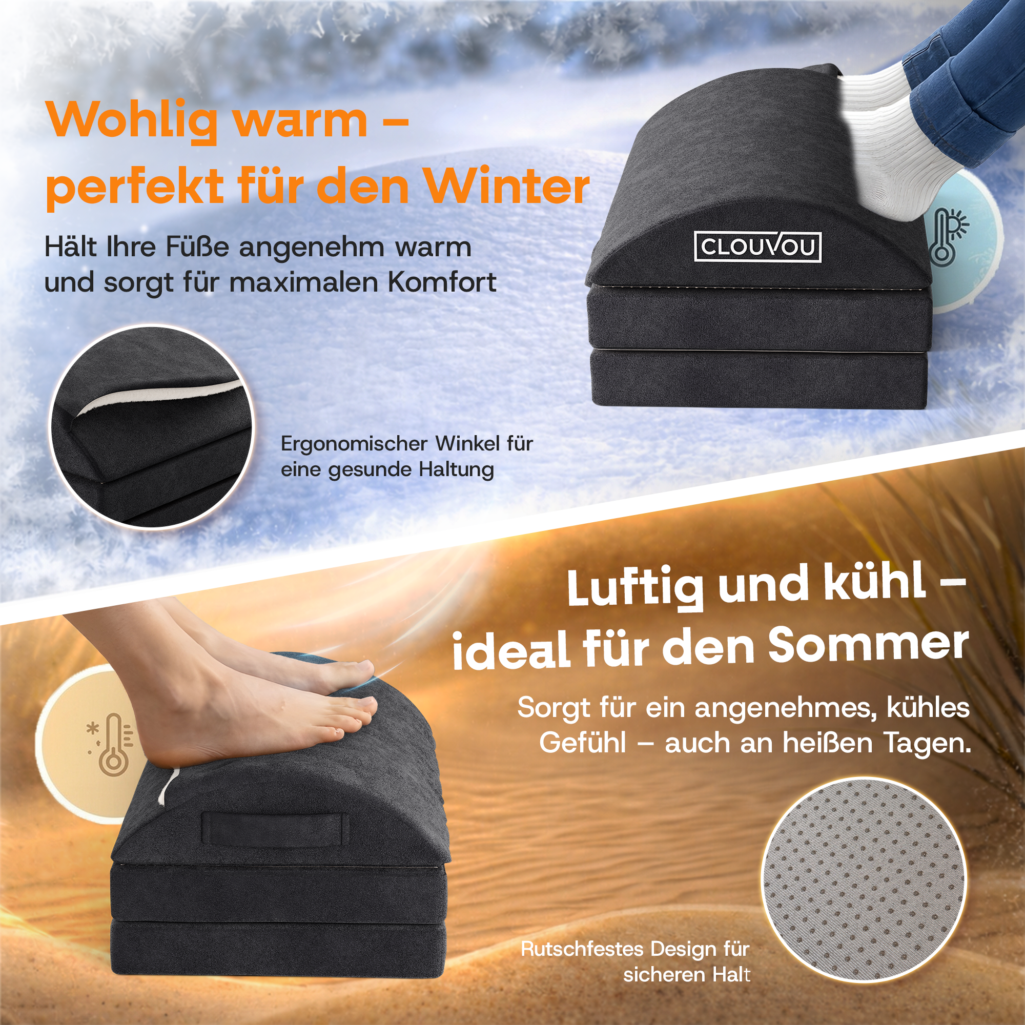 CLOUVOU MasterRest – Repose-pieds ergonomique | 3 niveaux de hauteur & pochette chauffante