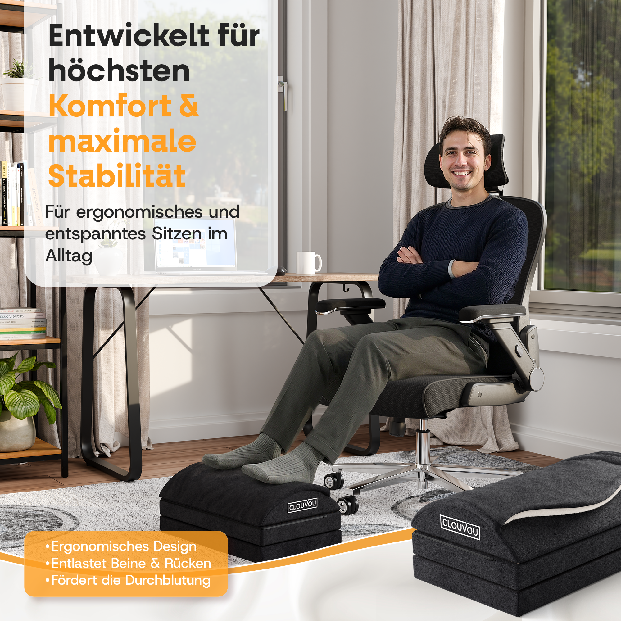 CLOUVOU MasterRest – Repose-pieds ergonomique | 3 niveaux de hauteur & pochette chauffante