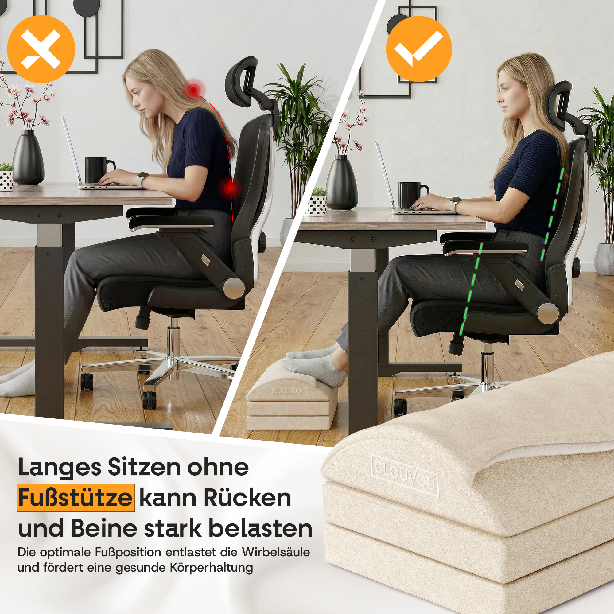 CLOUVOU MasterRest – Repose-pieds ergonomique | 3 niveaux de hauteur & pochette chauffante