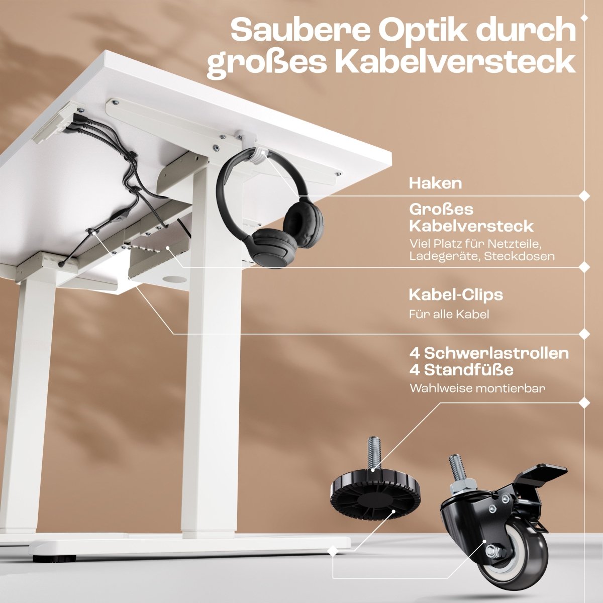 CLOUVOU x WINTONCOVE Höhenverstellbarer Schreibtisch mit Dual - Motor & sauberem Kabel - Versteck - Clouvou#farbe_weiss-weiss