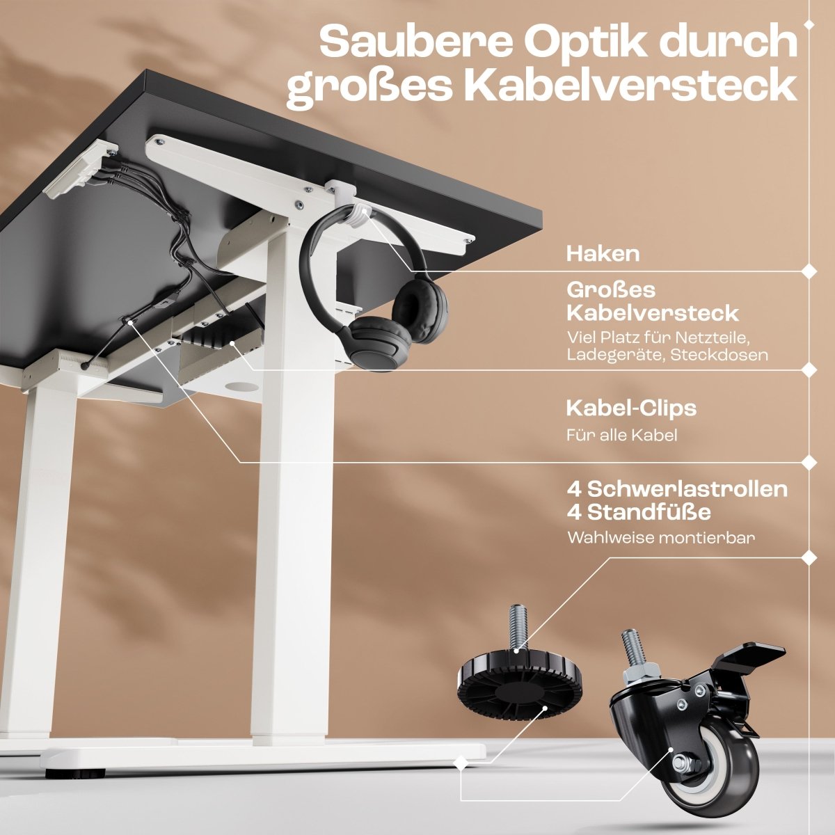 CLOUVOU x WINTONCOVE Höhenverstellbarer Schreibtisch mit Dual - Motor & sauberem Kabel - Versteck - Clouvou#farbe_weiss-schwarz