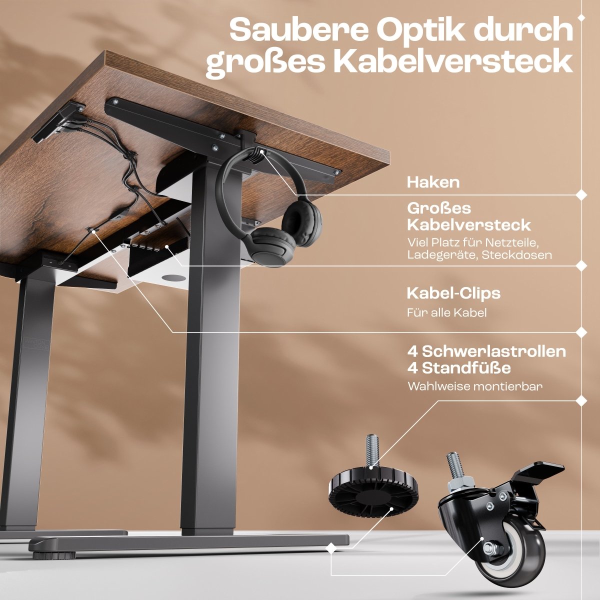 CLOUVOU x WINTONCOVE Höhenverstellbarer Schreibtisch mit Dual - Motor & sauberem Kabel - Versteck - Clouvou#farbe_schwarz-eiche