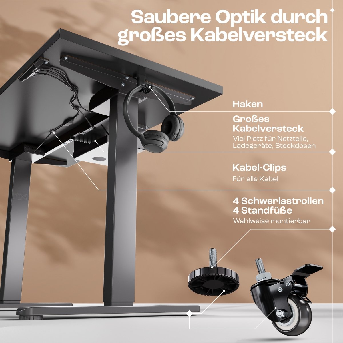 CLOUVOU x WINTONCOVE Höhenverstellbarer Schreibtisch mit Dual - Motor & sauberem Kabel - Versteck - Clouvou#farbe_schwarz-schwarz