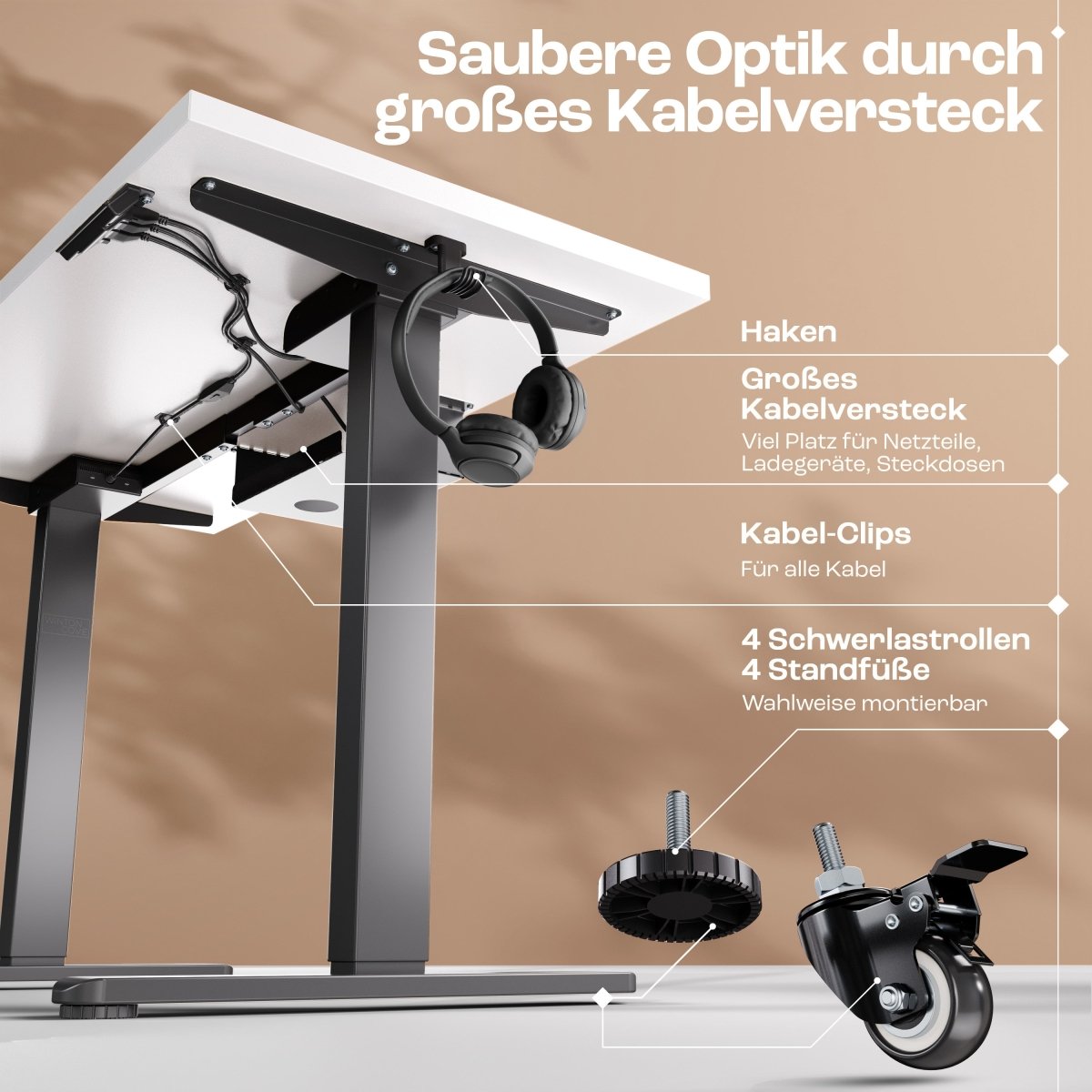 CLOUVOU x WINTONCOVE Höhenverstellbarer Schreibtisch mit Dual - Motor & sauberem Kabel - Versteck - Clouvou#farbe_schwarz-weiss