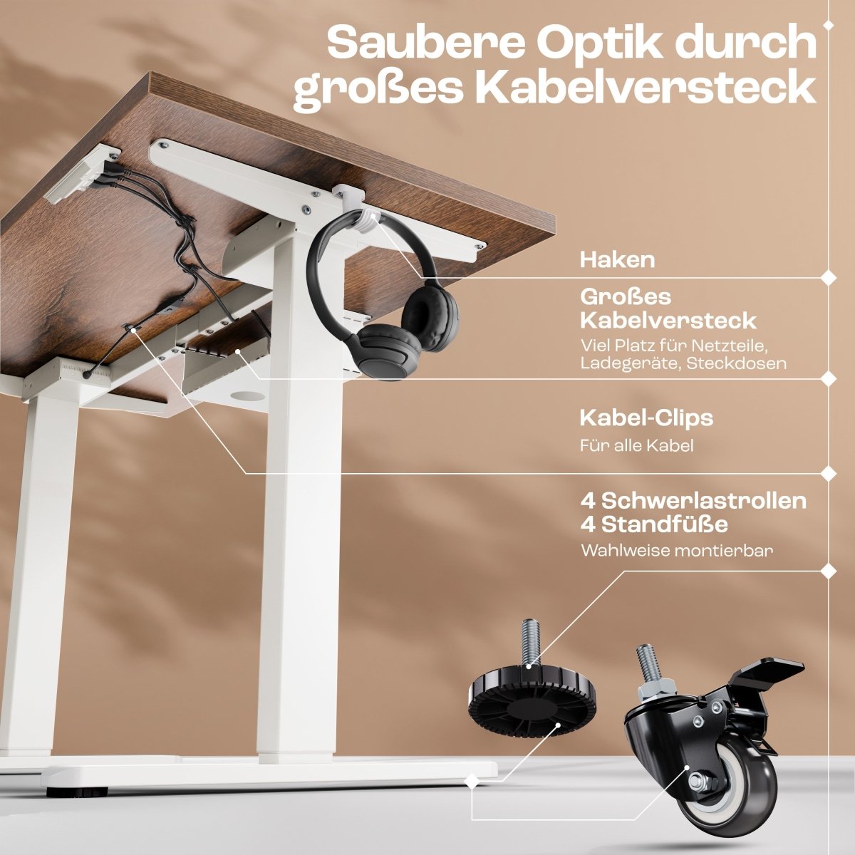 CLOUVOU x WINTONCOVE Höhenverstellbarer Schreibtisch mit Dual - Motor & sauberem Kabel - Versteck - Clouvou#farbe_weiss-eiche