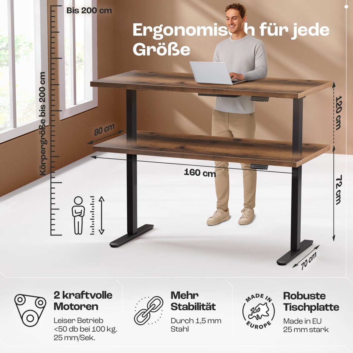 CLOUVOU x WINTONCOVE Höhenverstellbarer Schreibtisch mit Dual - Motor & sauberem Kabel - Versteck - Clouvou#farbe_schwarz-eiche