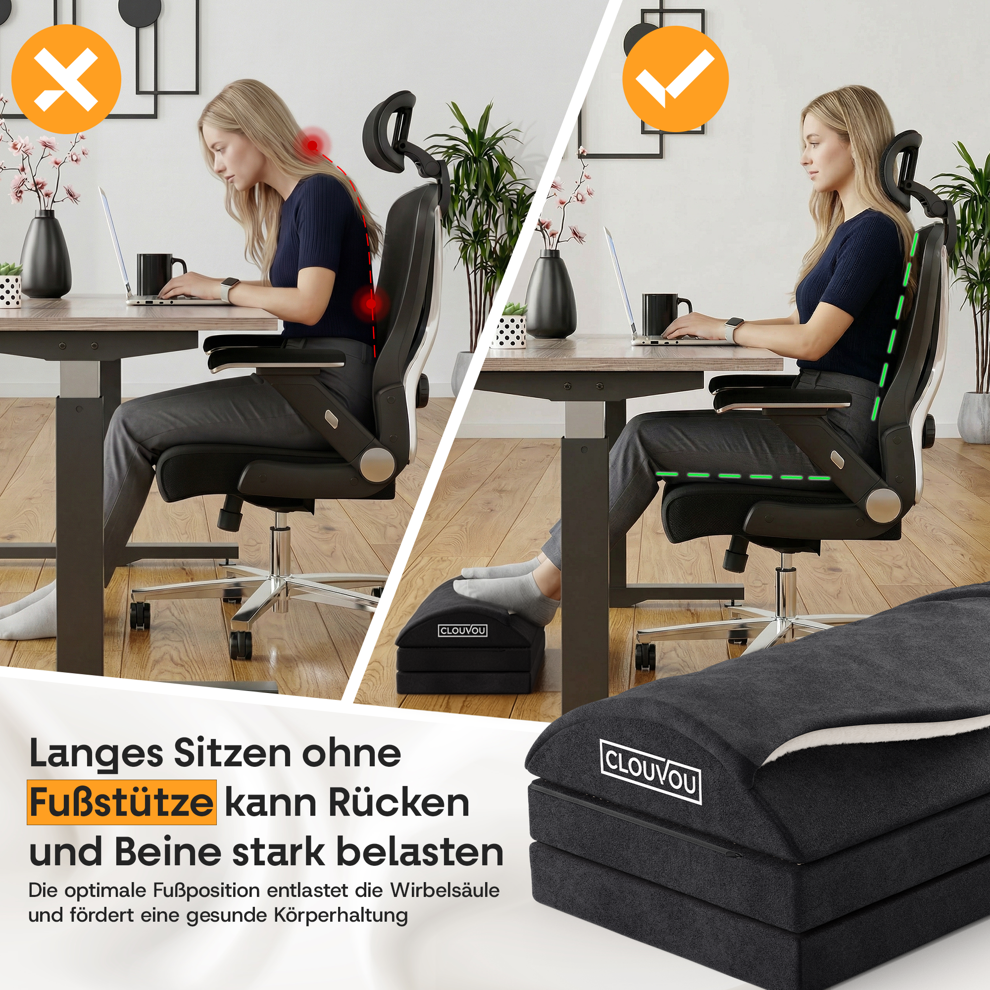 CLOUVOU MasterRest – Ergonomische Fußstütze | 3 Höhenstufen & Wärmetasche