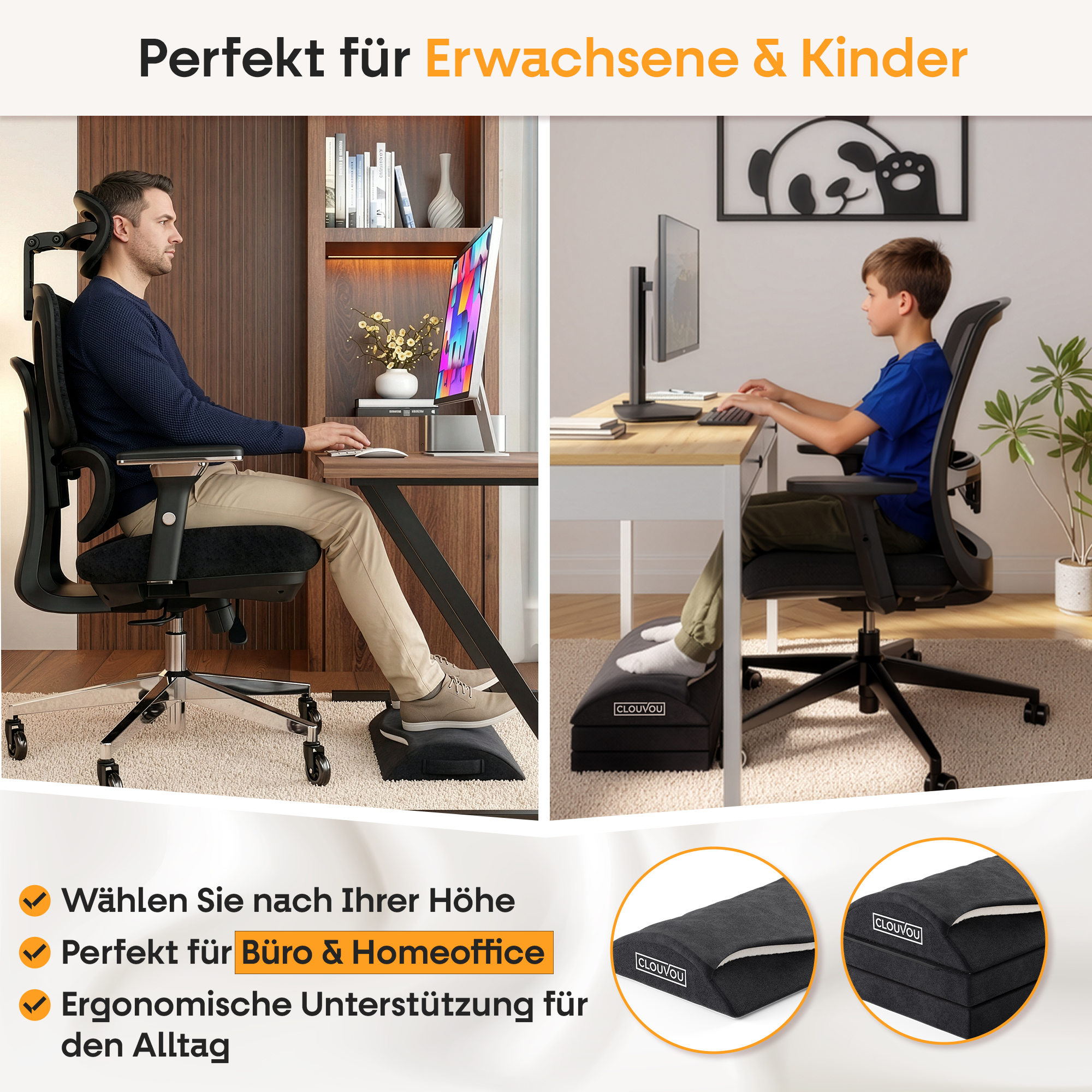 CLOUVOU MasterRest – Ergonomische Fußstütze | 3 Höhenstufen & Wärmetasche