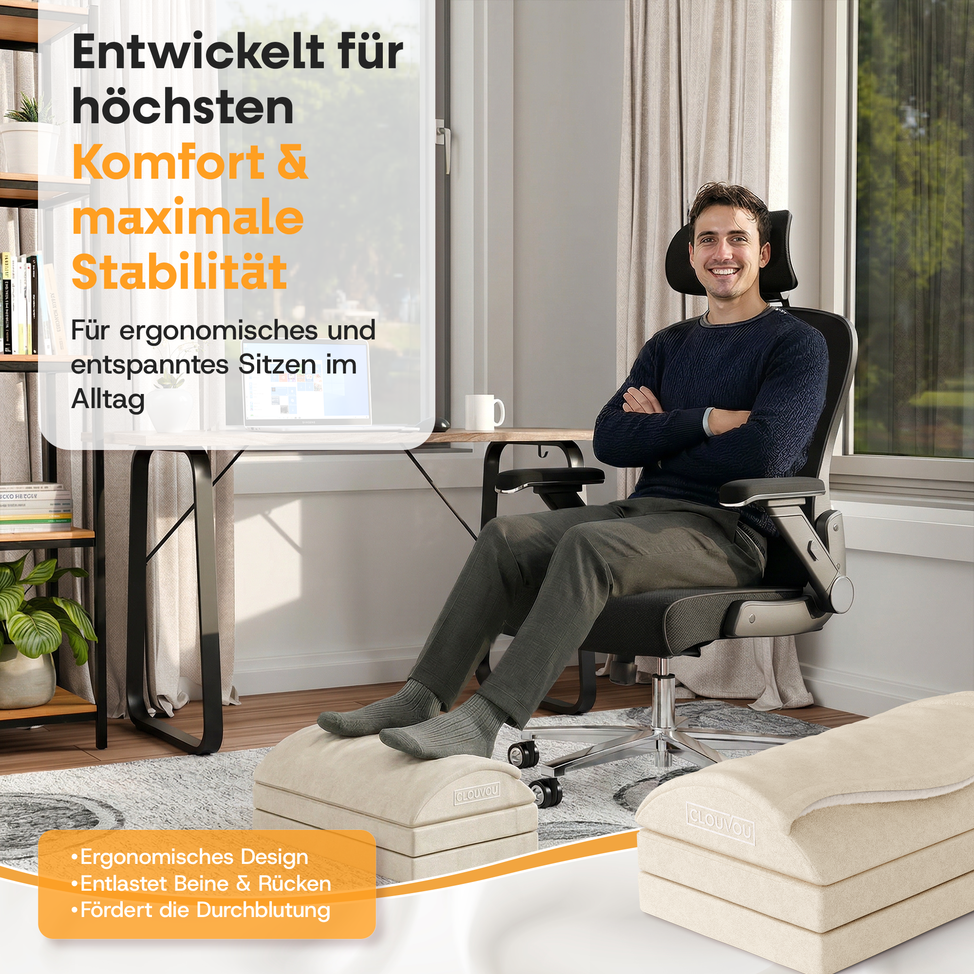 CLOUVOU MasterRest – Ergonomische Fußstütze | 3 Höhenstufen & Wärmetasche