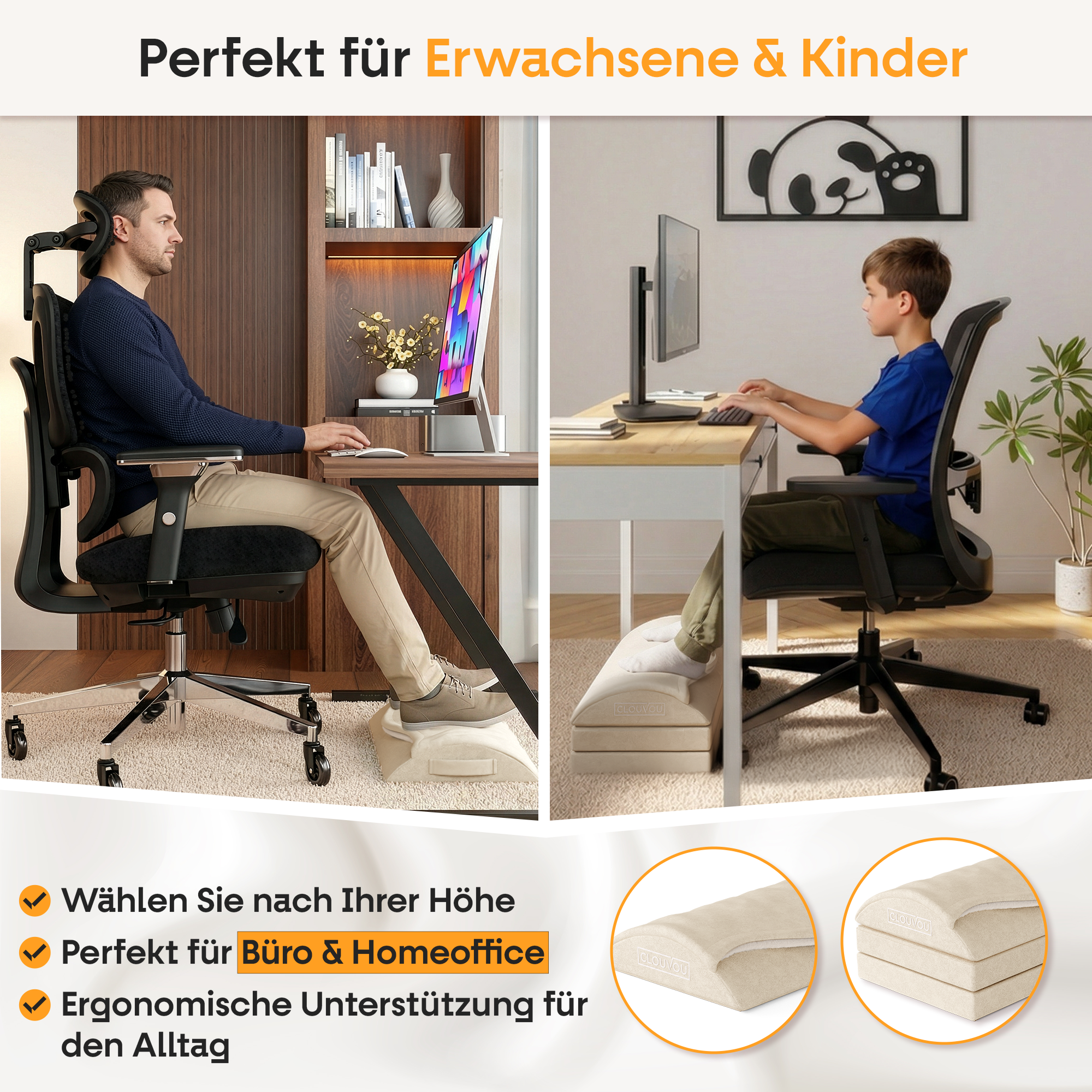 CLOUVOU MasterRest – Ergonomische Fußstütze | 3 Höhenstufen & Wärmetasche