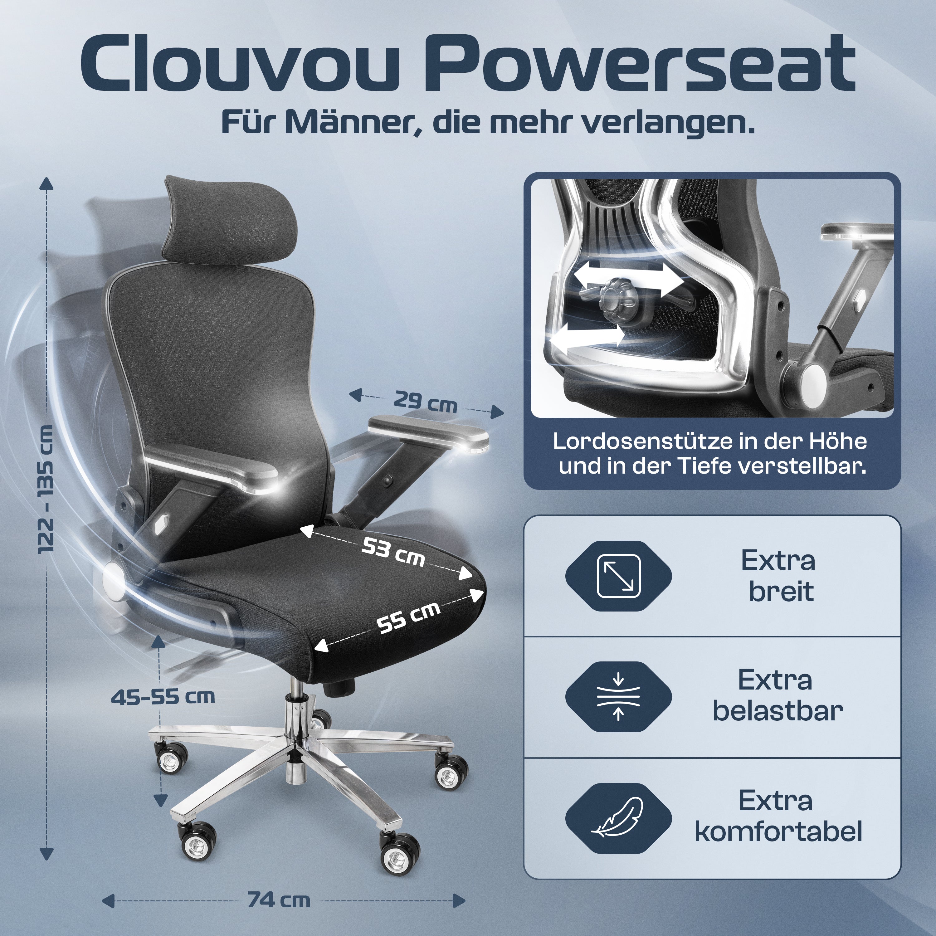 CLOUVOU PowerSeat - Ergonomischer Bürostuhl „ Extra breit gebaut und weich wie auf einer Matratze“ - Clouvou 